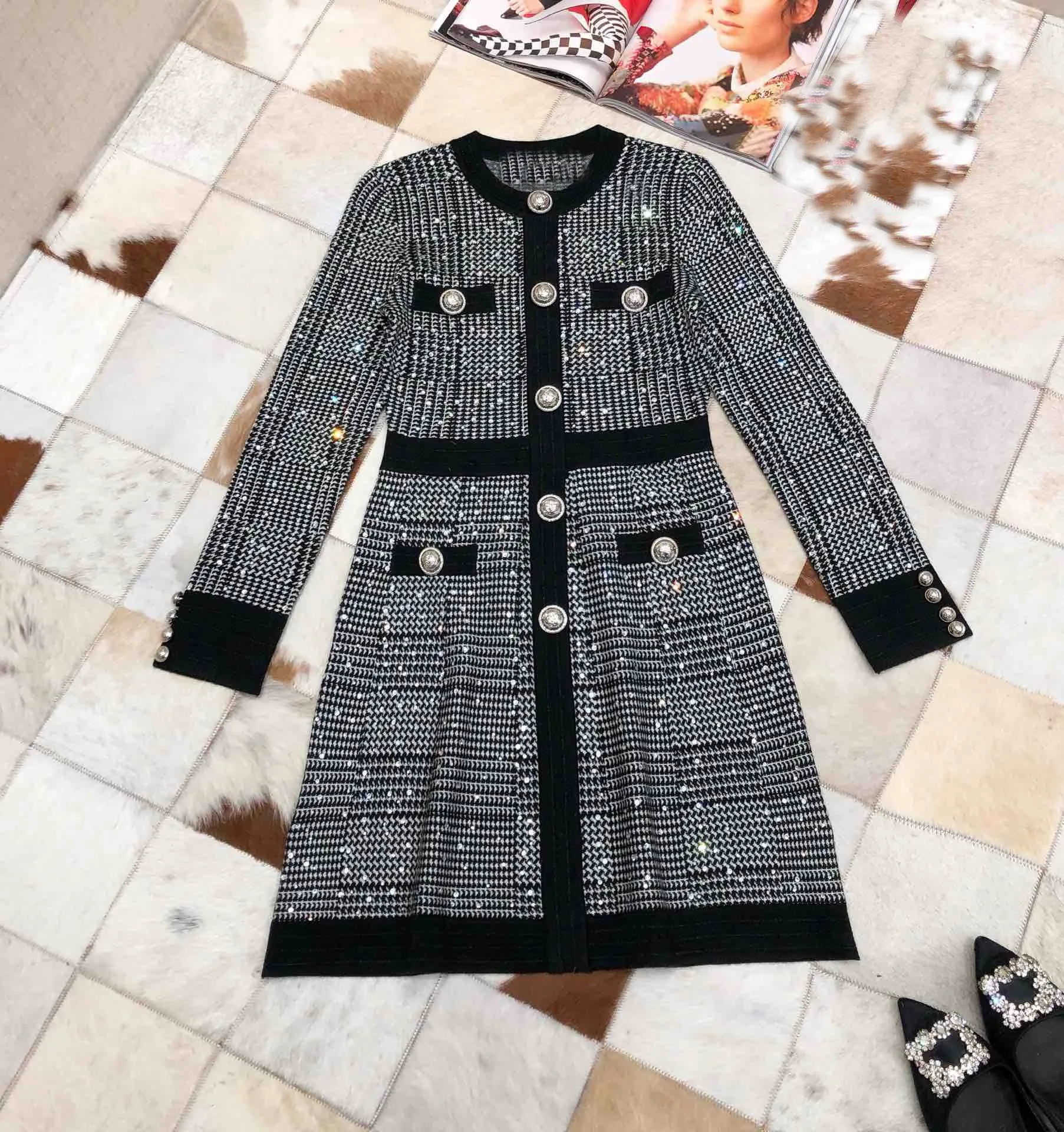 

2019 fashion high quality women wool knitted dress female diamonds long sleeve slim dress gdnz 9.27