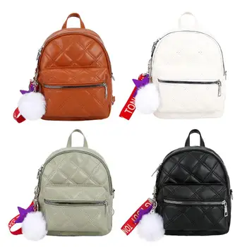 

Casual Women Backpack PU Leather Lattice Pattern Pompom Decor Small Rucksack Solid Color Shoulder Messenger Crossbody Bags