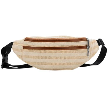 

Straw Woven Waistband Ladies Belt Bag Chest Bag Mobile Phone Bag Beach Double Zipper Messenger Bag