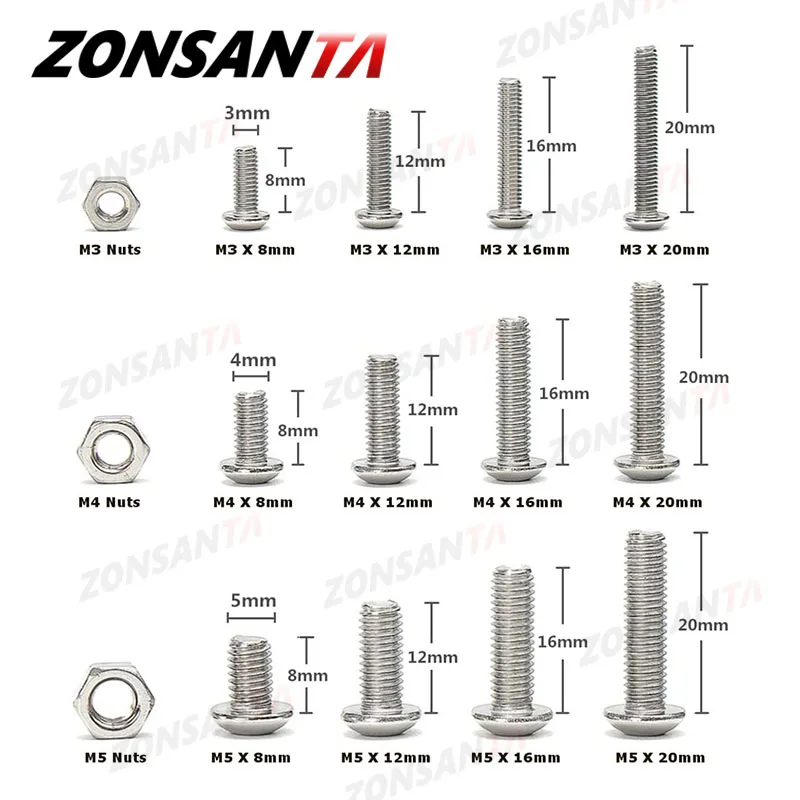 ZONSANTA 440pcs Bolts and Nuts Set M3 M4 M5 Stainless Steel Hex Socket Button Head Cap Screws Bolts Nuts Assortment Kit Screw