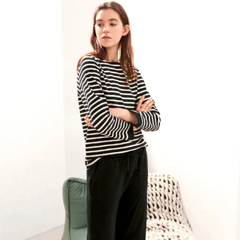 Women Pajamas Set Новинка, зимняя Пижама для пары, тонкая, в черно-белую полоску, хлопок, Женский пижамный комплект, длинный рукав, одежда для сна, 2 предмета, домашняя одежда - Цвет: Women Pajamas Set