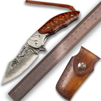 

Damascus Steel Pocket Knife Handmade Japanese VG10 Core Snakewood Handle Self Defense Sheath Folding Knives For Hunting Camping