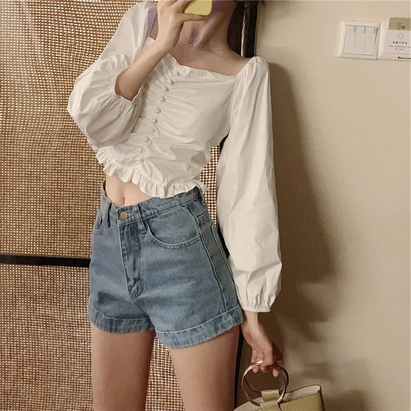 

Slimming High-waisted Weight Control Palace Style Big V-neck Long-sleeved Shirt Lotus Leaf Lace-collared Blouse Women's Fashion