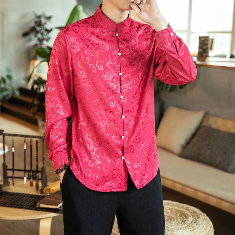 Sinicism магазин Осенняя мужская шелковая и атласная дизайнерская рубашка мужская рубашка с длинными рукавами и жемчужной пряжкой мужская верхняя одежда больших размеров 5XL - Цвет: WineRed