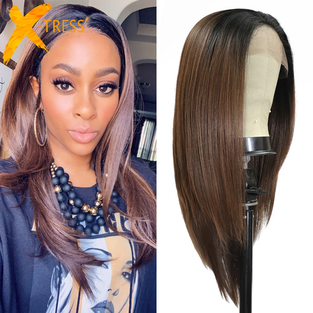 Big Deal Wig Baby-Hair Lace-Front Brown Synthetic X-TRESS Straight Women Ombre Long Trendy  MRV9z1ln