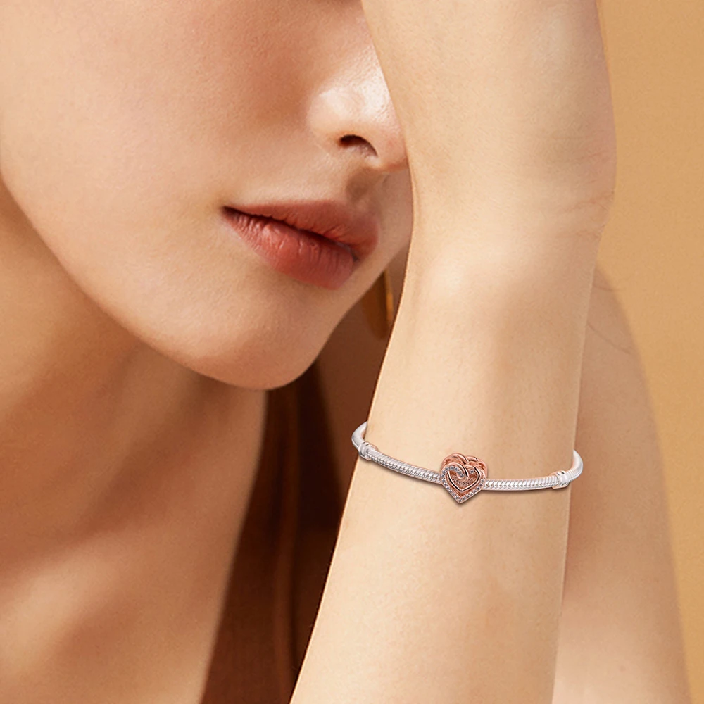 Sparkling Entwined Hearts Charm Fashion Female Hot Sale Jewellry Making Bracelets Pendant 100% Real Silver S925 Beads for Women