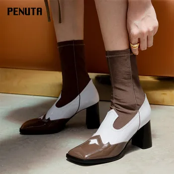 

2020 PENUTA Square Toe Chunky High Heel Ankle Boots Patchwork Fashion Online Retro Vintage Women Stertch Booties Shoes New D0065