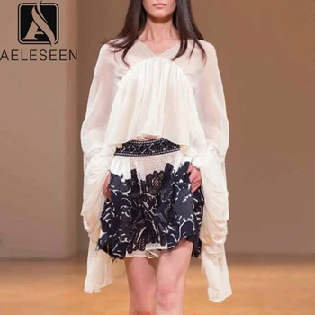 

AELESEEN Runway Fashion Silk Bloue 2020 High Quality Ruffles Loose V-Neck Ireegular Beack Casual Party Spring Summer Blouse