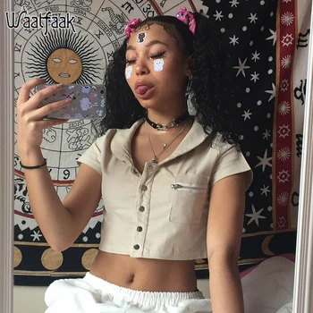 

Waatfaak Button Split Pocket Crop Top T Shirt Ladies Lapel High Street 2020 Spring Summer Tshirt Short Sleeve Casual Solid Khaki