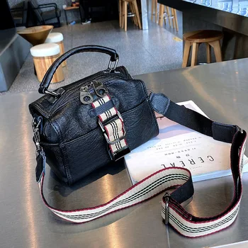

New Real Leather Women's Bag Wide Canvas Strap Handbag Large Capacity Purses Crossbody Pillowtote Luxury Brand Handbags