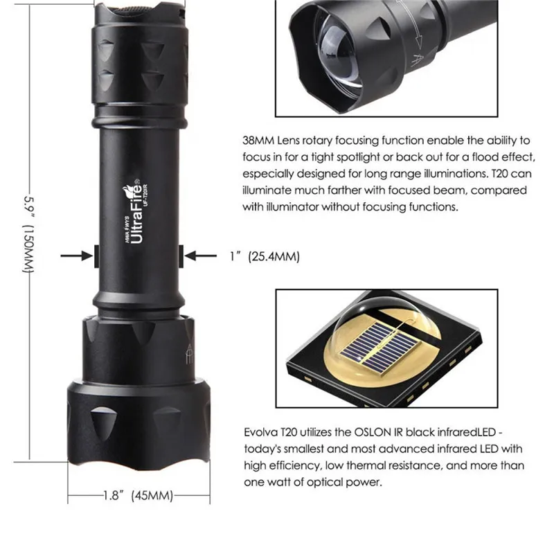  UltraFire Outdoor UF-T20 Cree IR 850nm 940nm Luz Night Vision Zoomable LED Flashlight Light Hunting