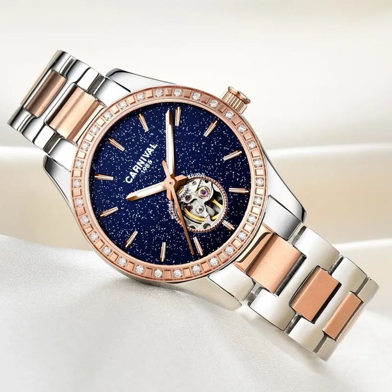 CARNIVAL Brand Mechanical Watches for Women Ladies Luxury Rose Gold Silver Automatic Wrist Watch Waterproof Luminous Reloj Mujer