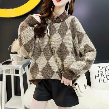 

2020 Autumn Winter Women Korean Style Knitted Sweater O-neck Geometric Pullover Female Sweaters Ladies Knit Jumper Pull