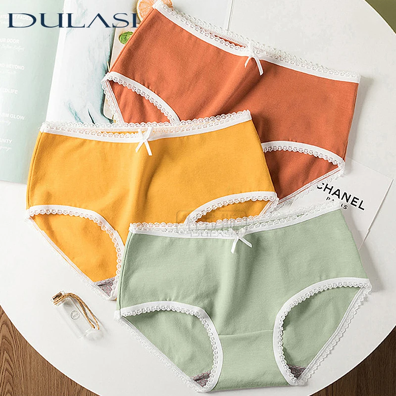 Sexy Cotton Women's panties Lace Underwear Mid Waist Undies Breathable Lingerie Fashion M-XL Intimates Briefs DULASI 3pcs/set | Женская