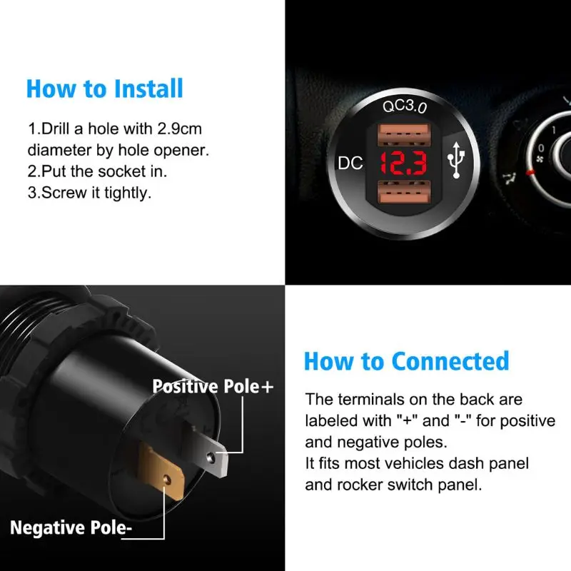 12 V/24 V металла Водонепроницаемый двойной QC3.0 USB адаптер для быстрого автомобильного Зарядное устройство Мощность выходной вольтметр