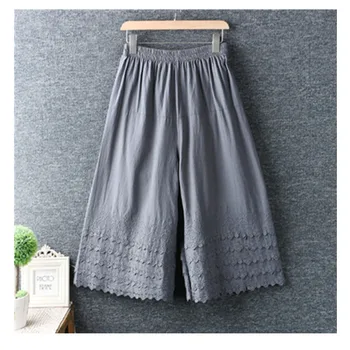 

2020 Spring korean cotton cropped pants women elastic waist water-soluble lace stitching wide-leg pants streetwear