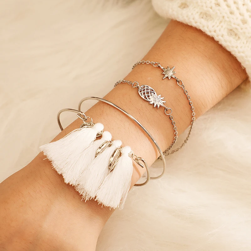 

HuaTang Vintage Silver Pineapple Star Tassel Boho Bangles for Women Multi-layer Charm Chain Bracelets Jewelry Pulseras 8201