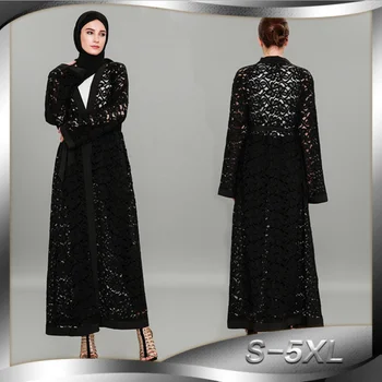 

Muslim Black Abaya Cardigan Lace Maxi Dress Hollow Out Long Robe Gowns Tunic Kimono Ramadan Islamic Clothing Worship Service