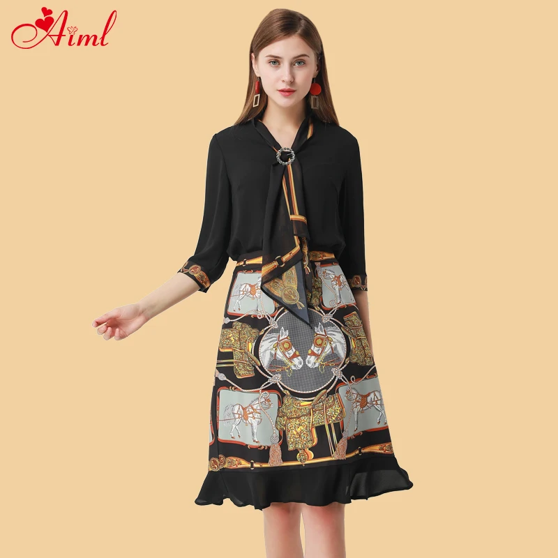 

2020 Designer Women Two Piece Suit Spring Summer Bow tie Elegant Black 3/4 sleeve Blouse + Midi Skirt Print 2 Piece Set New