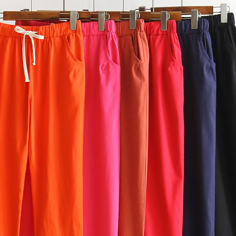4XL, плюс размер, хлопковые льняные штаны для женщин, брюки, свободные, повседневные, яркие цвета, женские шаровары, Капри, женские летние штаны C6049