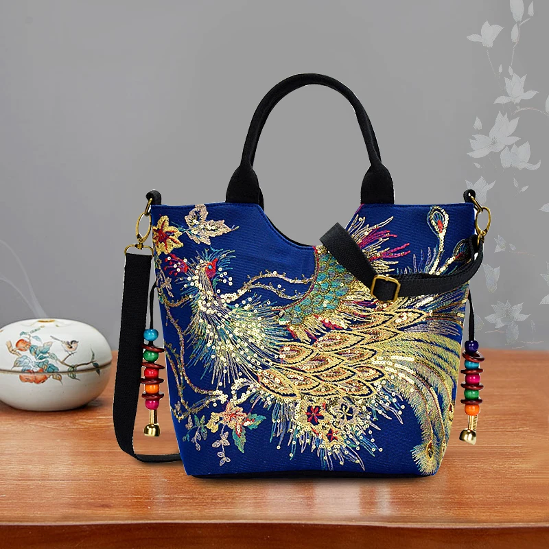 Women Shoulder Bag Handmade Embroidery Peacock Bohemia Ethnic Style Retro Handbag Large Capacity Tote Messenger Bag for Girl|Shoulder Bags| -…