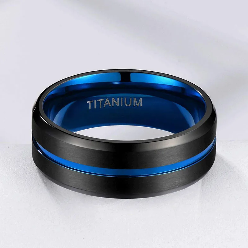 Titanium Ring 6 mm 8 mm 10 Blue Center Groove Wedding Ring Unisex