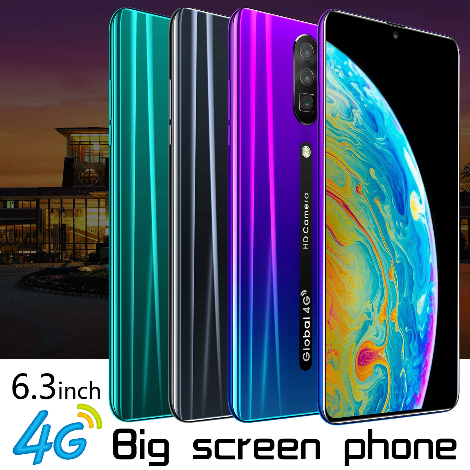 Rino Smartphone Android 4G Cellphones Global Version 6.3 Inch Dual Sim Unlocked Mobile Phone Water Drop Screen