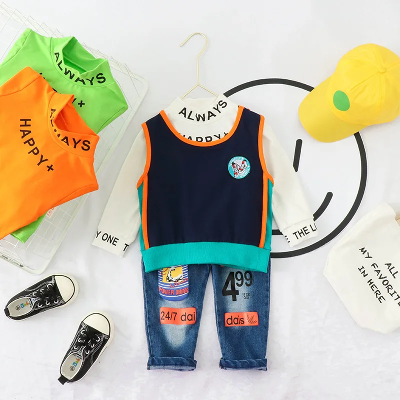 

Children Fashion & Sports Casual Half-Turtle-Neck Hoodie BOY'S Spring And Autumn New Style Contrast Color Vest Cowboy Three-piec