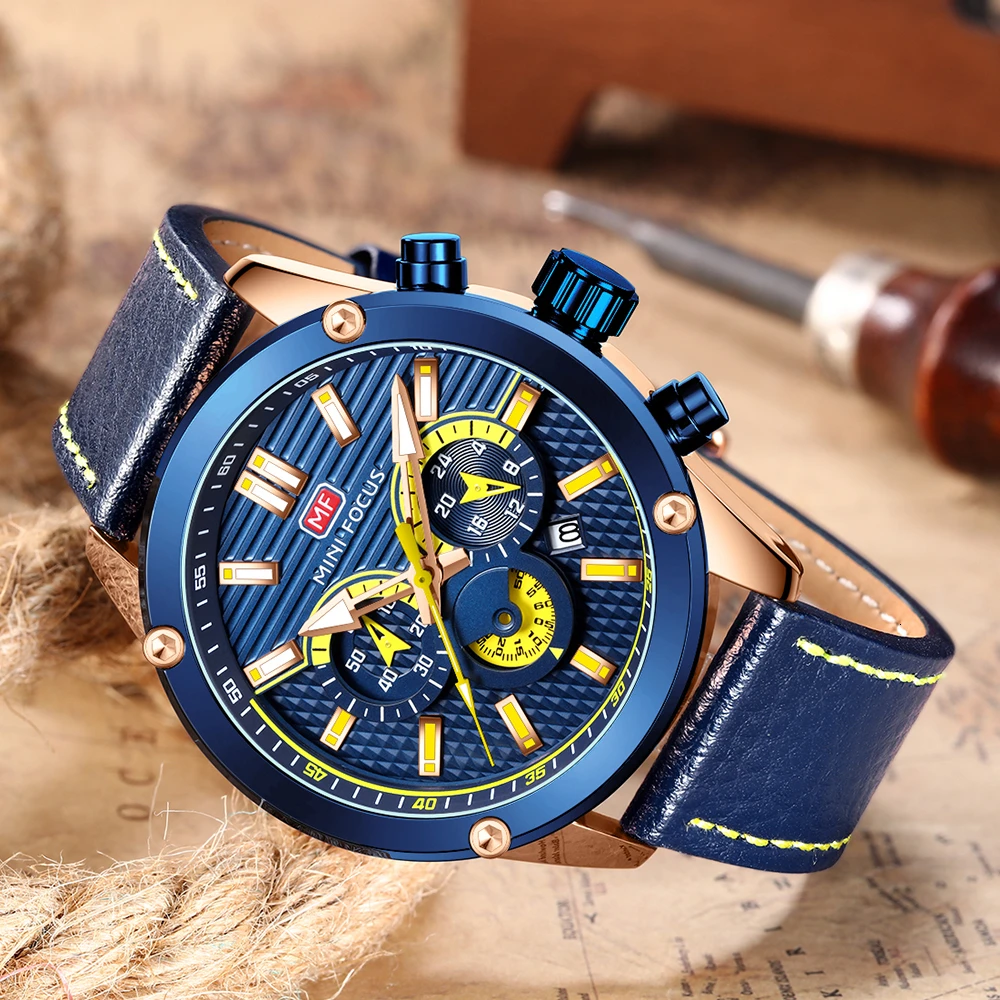 MINI FOCUS Sport Watches For Men Watch Military Leather Watch Men Luminous Chronograph Man Watch 2019 Brand Luxury Wristwatch