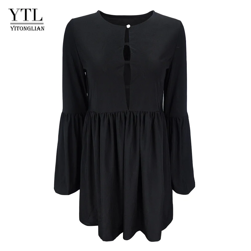 YTL женские сексуальные открытые топы с пышными рукавами, Клубная одежда, черные повседневные топы, футболки, новогодние майки, ретро осенняя одежда для женщин H275 - Цвет: Black