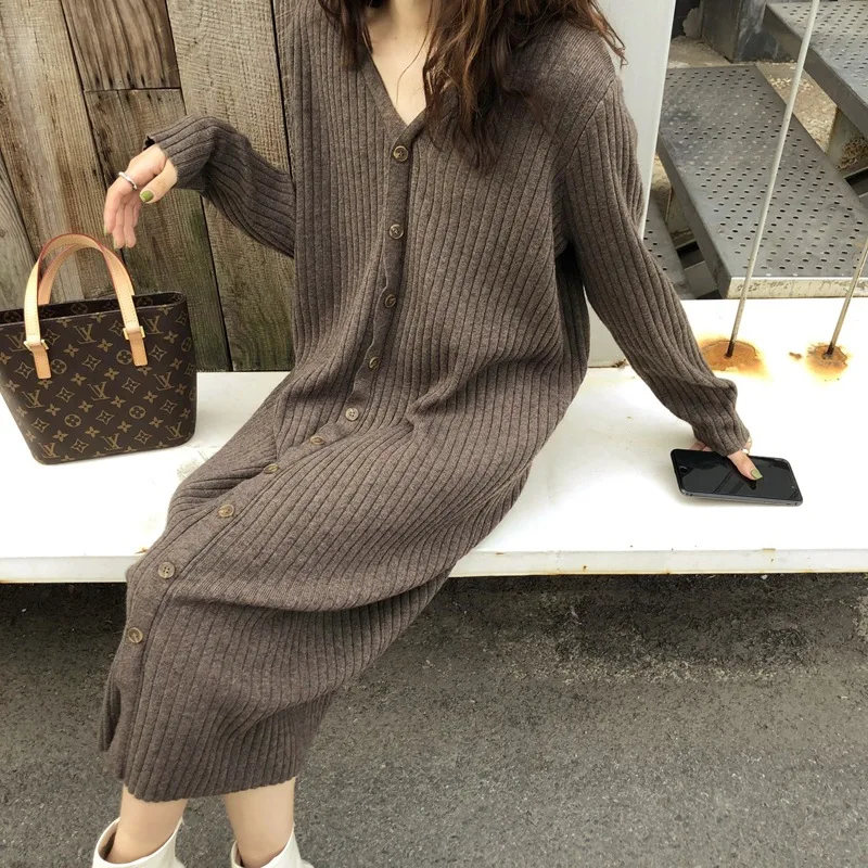 

Elegant V-neck Buckle Knitted Dress 2019 Autumn And Winter Underwear Elasticity Thread Mid-length Dress Women's