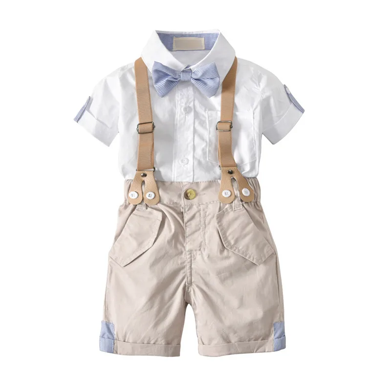 

Baby Boy Clothes Set Summer Cute Outfits Solid Bowknot Short Sleeve Shirt + Overalls Shorts Infant Baby Clothing Baby's Sets
