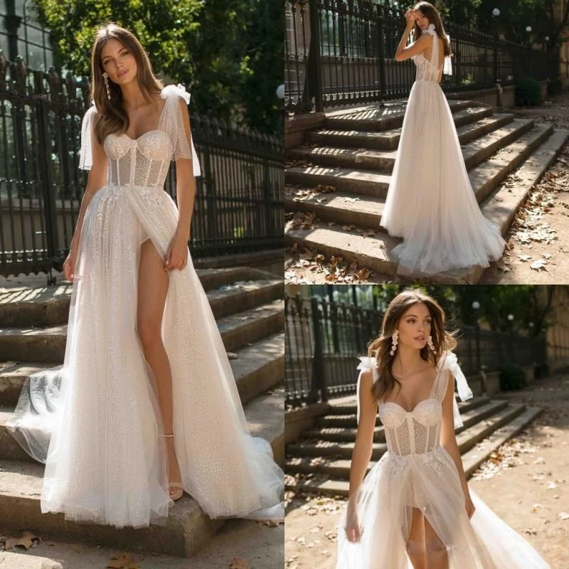 Sexy Boho Wedding Dresses 2021 Bohemian Bride Gowns with Spaghetti Illusion Bodice Open Back Pleated Skirt Elegant A Line Bridal Dress