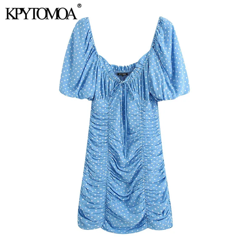 KPYTOMOA Women 2020 Chic Fashion Polka Dot Draped Mini Dress Vintage Tied V Neck Puff Sleeve Female Dresses Vestidos Mujer