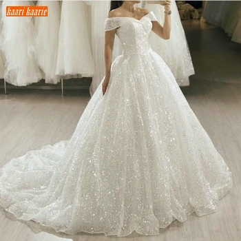 

Glitter Boho White Wedding Dresses Long 2020 Bling Bling Sequin Sweep Train Bride Gowns Princess Church Bridal Dress Custom Made