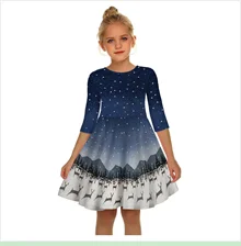 Women Fashion Mom Me Long Sleeve 3D Print Christmas Xmas Dress Clothes Parent-child Dress