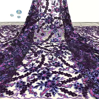 

Latest Purple African Lace Fabric 2019 High Quality Lace Fabrics with Beads Embroidery Net Lace French Tulle Lace Fabric