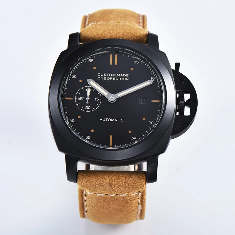 

Watch Men 44MM Stainless Steel Case Seagull Automatic Movement Luminous Date Watch Men's Clock Military Leather Strap