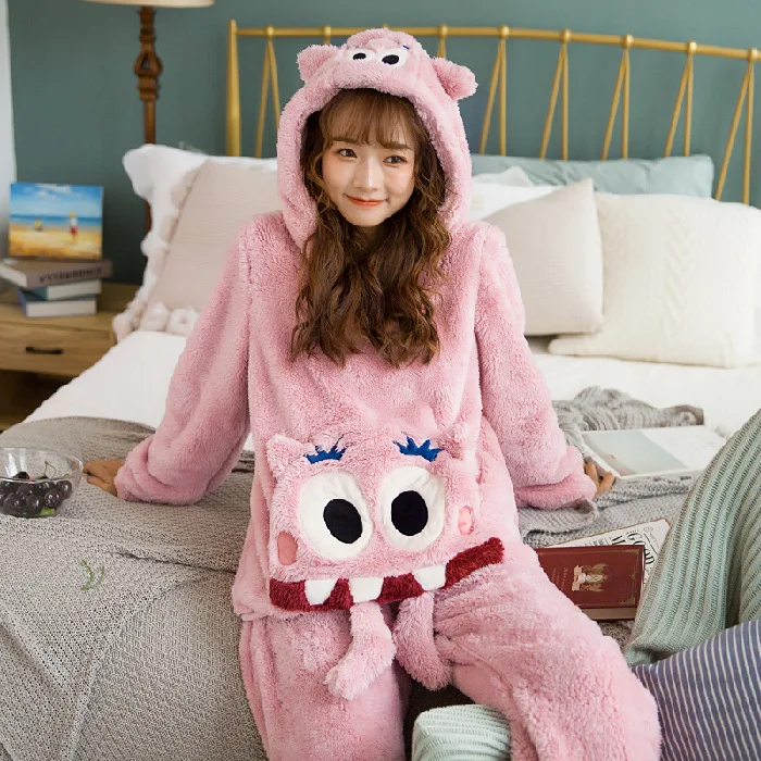 

Coral Velvet Pajamas Women's Autumn And Winter Thick Long Flannel Pajamas Hooded Cute Long Velvet Long Sleeve Homewear Set