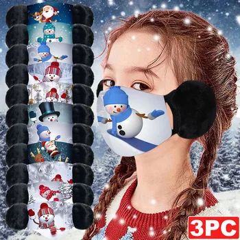 

3PC Children Winter Warm Plush Mask Christmas Snowman Printed FaceMaskS Reutilizable Washable Facemask Elastic Earloop Masks
