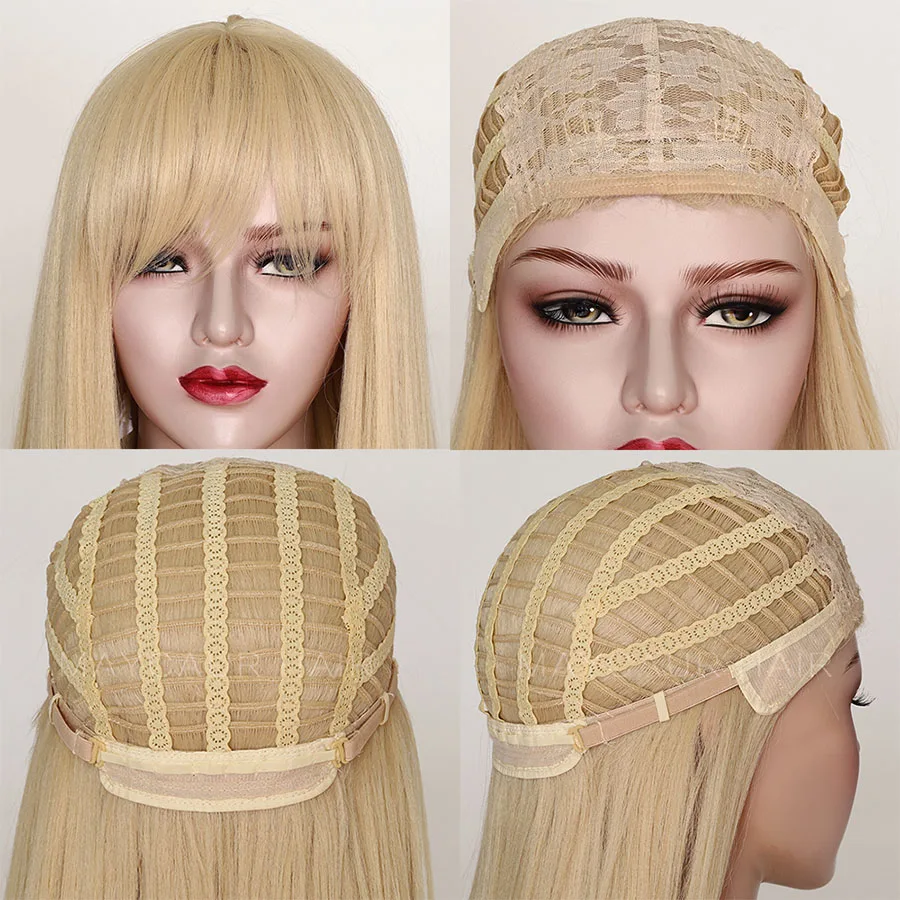 Maycaur Blonde Synthetic Hair Wigs with Full Bangs #613 Color Long Straight Women's Wig Heat Resistant Synthetic No Lace Front Wig (5)