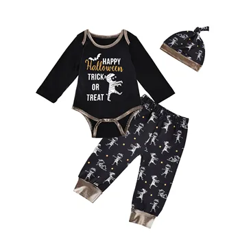 

3 Pcs Infant Halloween Outfits Toddler Long Sleeve Round Neck Letter Print Romper Cartoon Trousers and Hat Set Boys Clothing Set