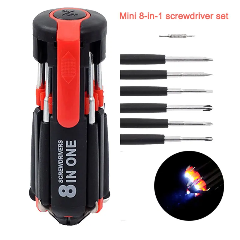 

Universal 8 in 1 Screwdriver Set With LED Flashlight Car Slotted Multifunctional Outdoor House Tools Repair Auto Accessory
