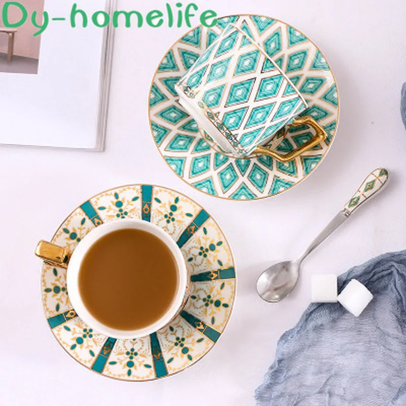 

160ml European Multi-Pattern Phnom Penh with Handle and Plate Spoon Ceramic Mug Bone Porcelain Tea Coffee Cup for Family Cafe
