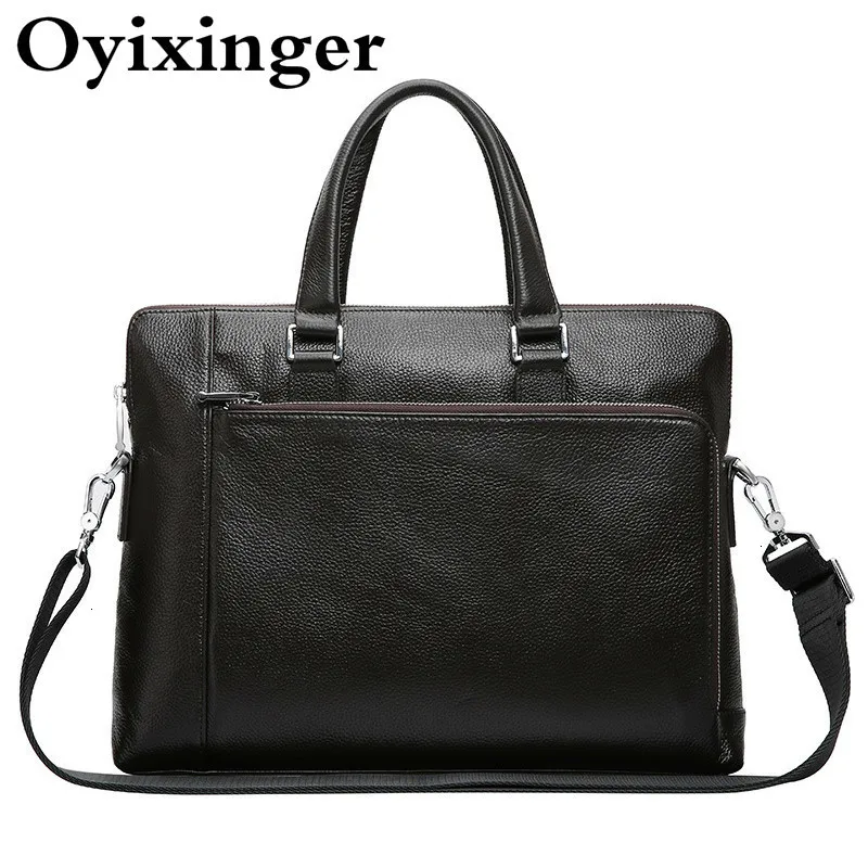 Promo  Genuine Leather Black Computer Briefcases Men Bag 13 14 Inch Laptops Briefcase Men's Handbag Male N