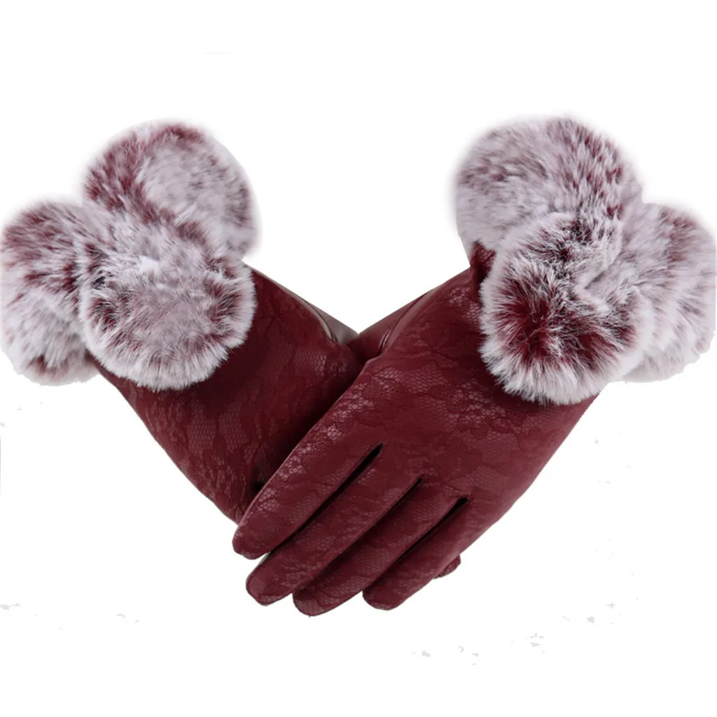 Женские зимние Бархатные кружевные перчатки, теплые перчатки для мобильного телефона, езды на велосипеде, перчатки из меха кролика Рекс, перчатки для сенсорного экрана, новинка#40