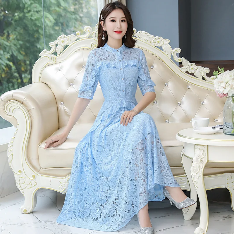 

Spring And Summer New Style Slim Fit xian mei Debutante Half-sleeve Shirt Lace Casual Versatile Slim Fit Mid-length Lace Full Bo