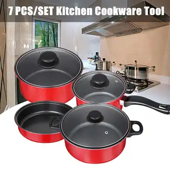 

7Pcs/Set Iron-Pot Non-Stick-Pan Kitchen Frying Pan Cookware-Set Casserole Cooking Pot Pan Kitchen Cookware With Glass-Cover
