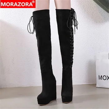 

MORAZORA 2020 new arrival women thigh high boots flock cross tied zip wedges platform boots sexy party Night Club Shoes woman