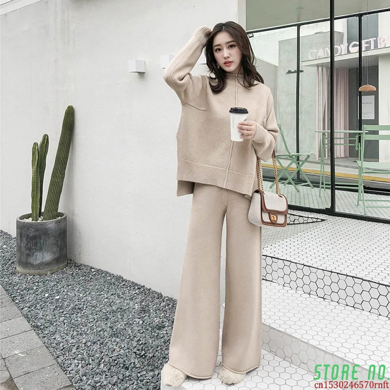 

The drape knitting wide-legged pants suit two-piece women new winter cashmere sweater wide-legged pants western style suits